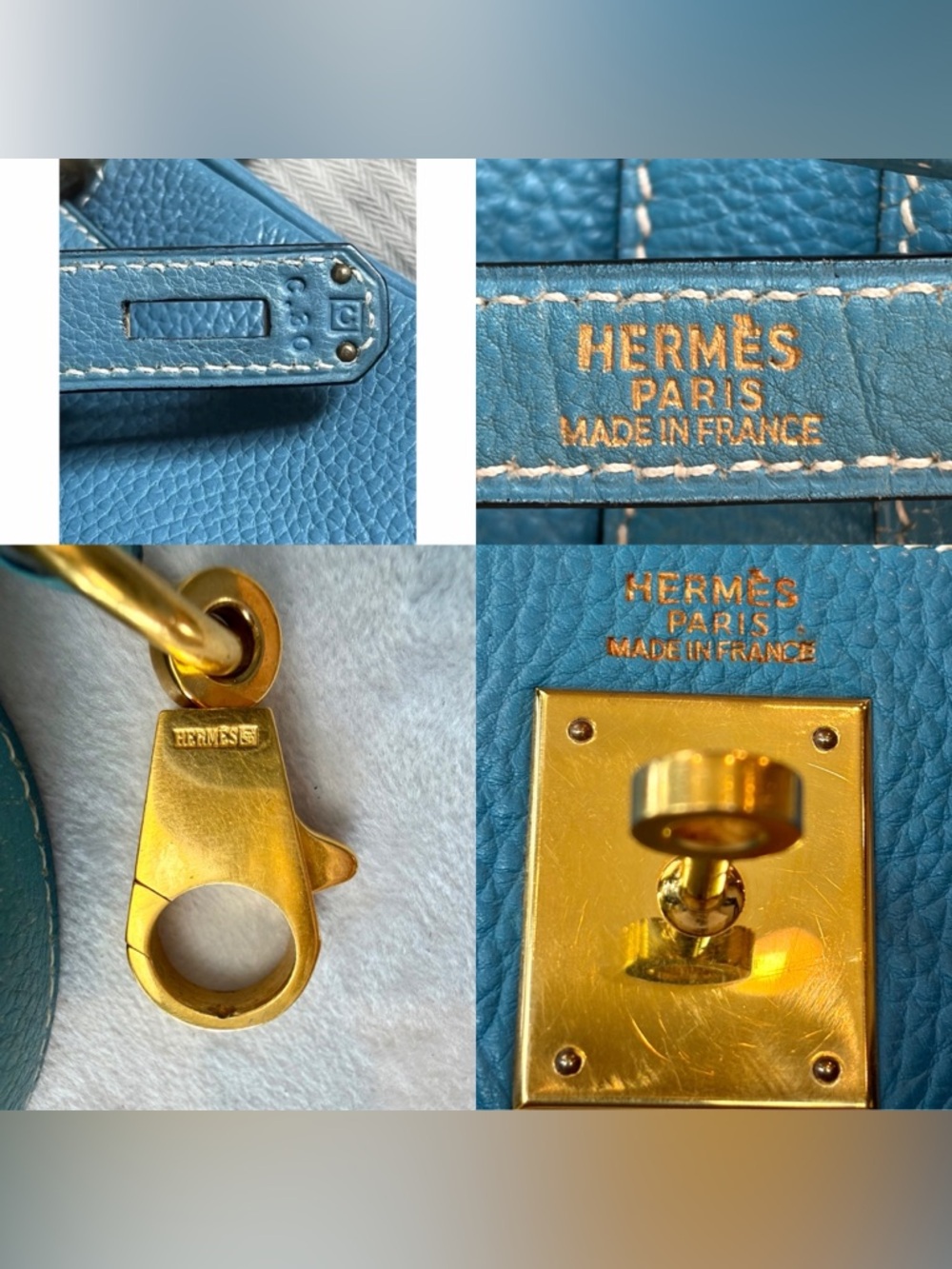 Hermes Kelly32 Retourne,Togo, BleuJean/Gold, box/duster/twilly, PRICE FIRM - Picture 15 of 17